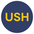 Logo says USH in yellow letters on navy background for Usher Syndrome Coalition