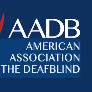 Logo with AADB on top and American Association The DeafBlind with navy blue background
