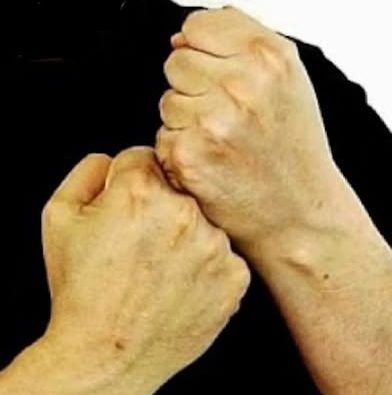 Two hands signing support with partial black shirt in background