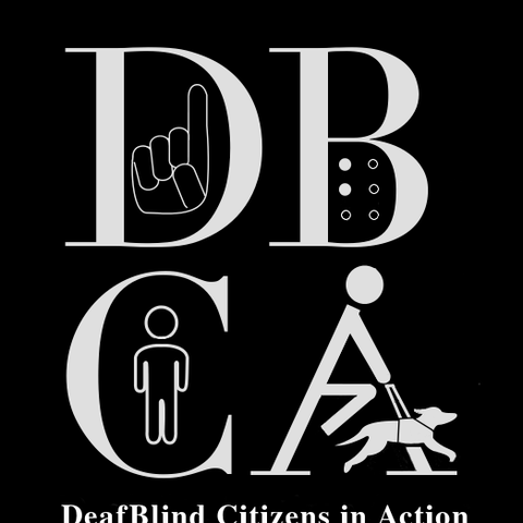 Logo showing DBCA and DeafBlind Citizens in Action in white letters with black background
